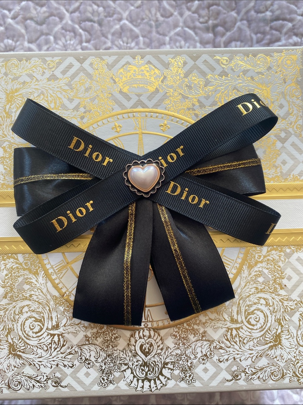 Handmade Dior Black Hairclip Bow with Gold Logo and Heart Center